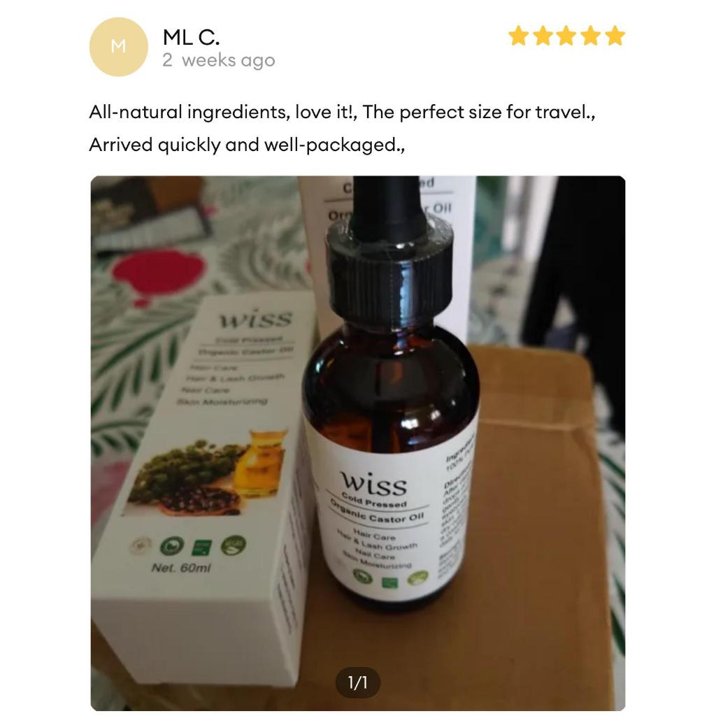 Wiss Organic Cold Pressed Hexane Free Pure Castor Oil for Eyelash Eyebrow Rejuvenates Skin Nail Care Body Oil 60ml