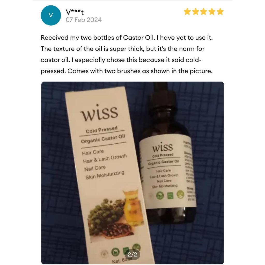 Wiss Organic Cold Pressed Hexane Free Pure Castor Oil for Eyelash Eyebrow Rejuvenates Skin Nail Care Body Oil 60ml