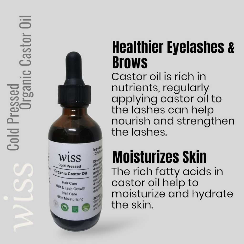 Wiss Organic Cold Pressed Hexane Free Pure Castor Oil for Eyelash Eyebrow Rejuvenates Skin Nail Care Body Oil 60ml