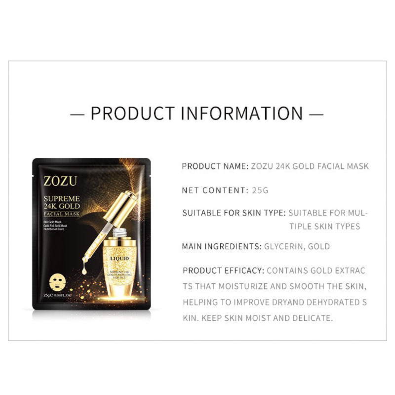 ZOZU 24K Gold Facial Mask/ Moisturize/ Hyaluronic Acid/ Glucerol/ Skin Regeneration