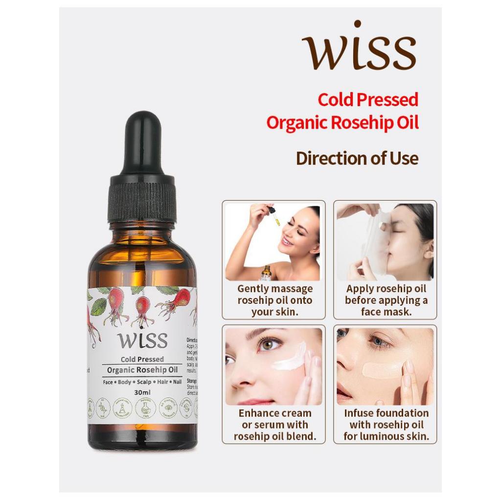 Wiss Cold Pressed Organic Rosehip Rose Hip Oil Pure & Natural for Face Body Nail Care Body Facial Oil Moisturizing 30ml