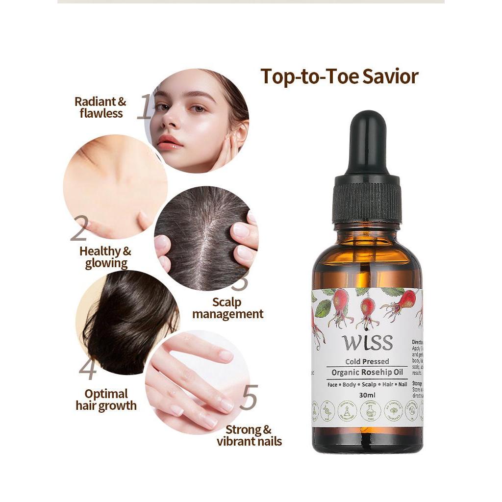 Wiss Cold Pressed Organic Rosehip Rose Hip Oil Pure & Natural for Face Body Nail Care Body Facial Oil Moisturizing 30ml
