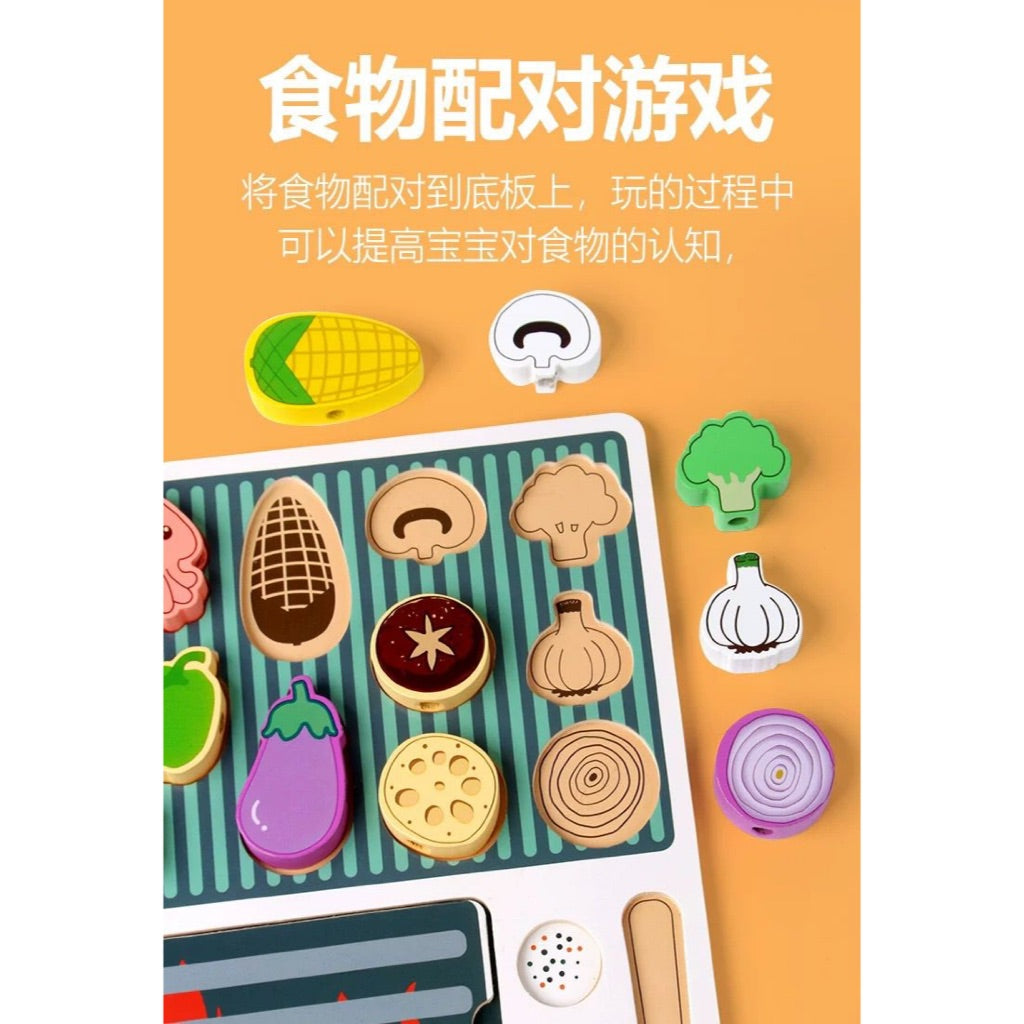 Wooden BBQ Barbecue Play Set for Kids | Pretend Cooking Grill Toy with Food Pieces, Cards & Tools | Montessori Role Play