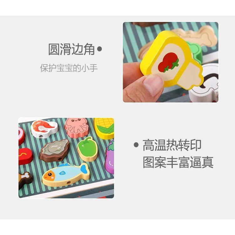 Wooden BBQ Barbecue Play Set for Kids | Pretend Cooking Grill Toy with Food Pieces, Cards & Tools | Montessori Role Play