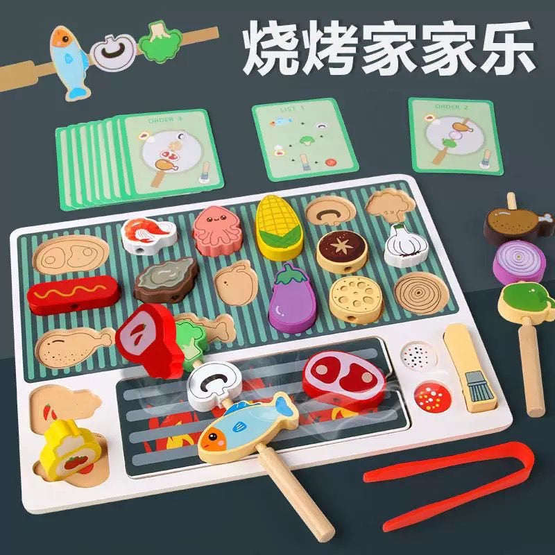 Wooden BBQ Barbecue Play Set for Kids | Pretend Cooking Grill Toy with Food Pieces, Cards & Tools | Montessori Role Play