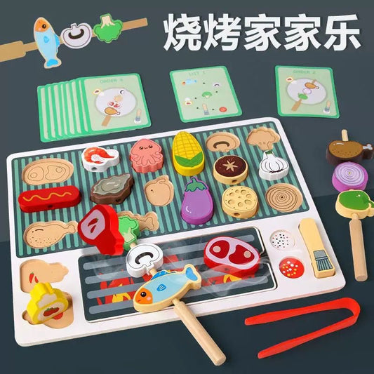 Wooden BBQ Barbecue Play Set for Kids | Pretend Cooking Grill Toy with Food Pieces, Cards & Tools | Montessori Role Play