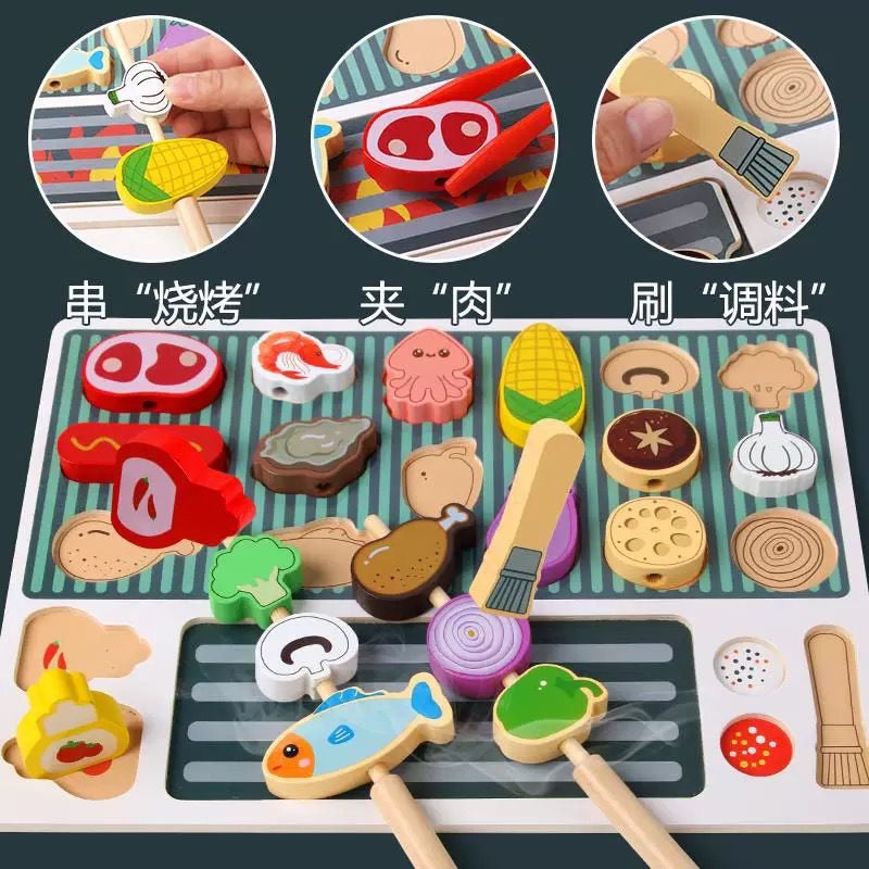 Wooden BBQ Barbecue Play Set for Kids | Pretend Cooking Grill Toy with Food Pieces, Cards & Tools | Montessori Role Play