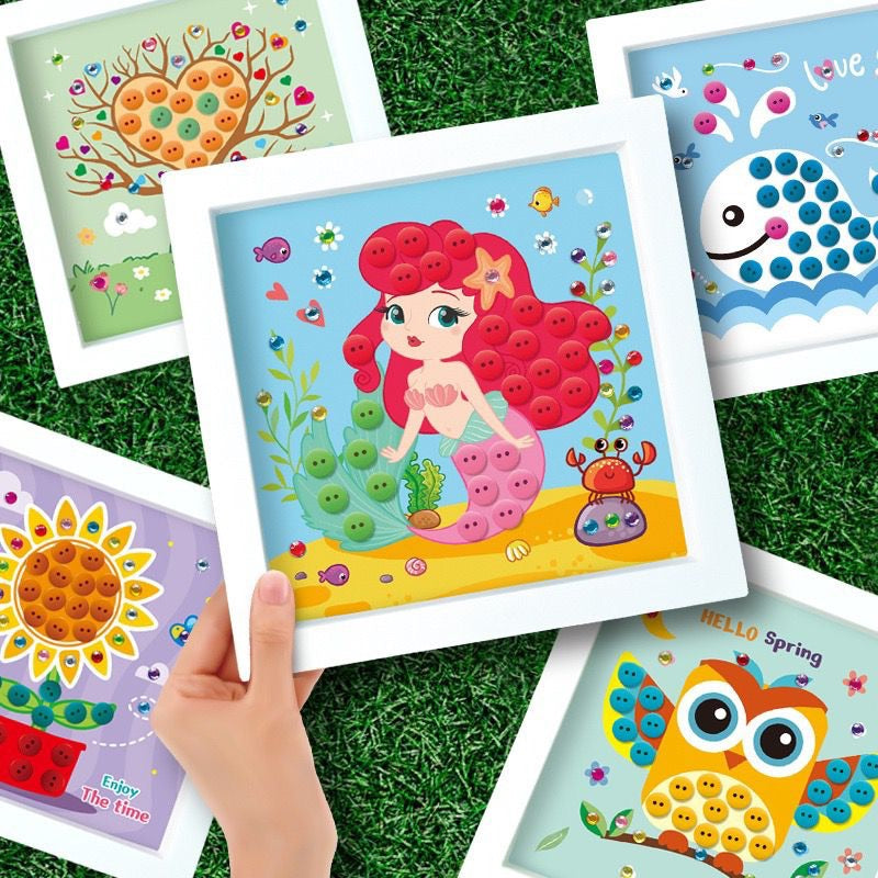 SG READY STOCK DIY Button Art Kit–8 Designs with Adhesive Buttons & Frame | Fun Craft Gift Set for Creative Play