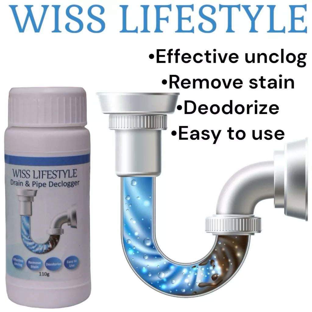 Wiss Lifestyle Drain Pipe Declogger Basin Cleaner Clogged Drainage Remover Powder for Toilet and Kitchen 110g/ Bottle