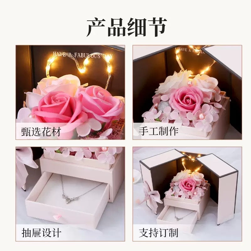 Soap Flower Jewellery Box with LED Light – Romantic Rose Gift Box with Drawer & Gift Bag