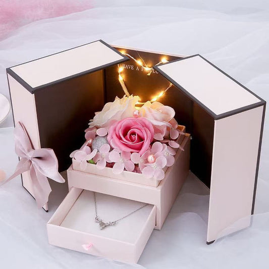 Soap Flower Jewellery Box with LED Light – Romantic Rose Gift Box with Drawer & Gift Bag