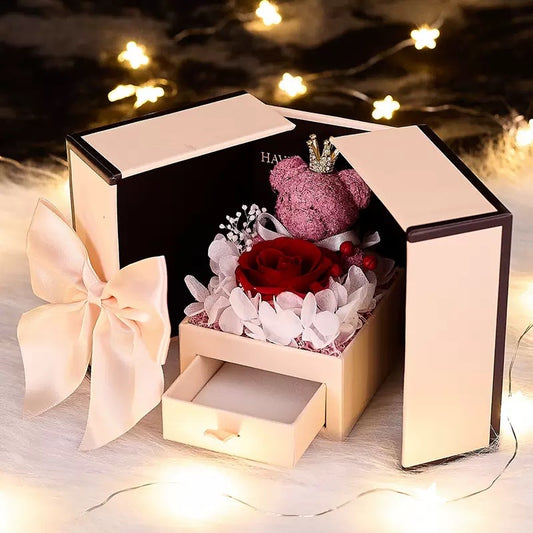 Preserved Rose Jewellery Box Gift Set – Eternal Rose with Bear & Jewellery Compartment